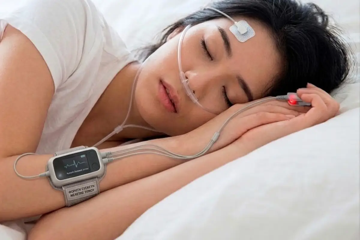 Patient with portable sleep study device and sensors - Doctor Home Care